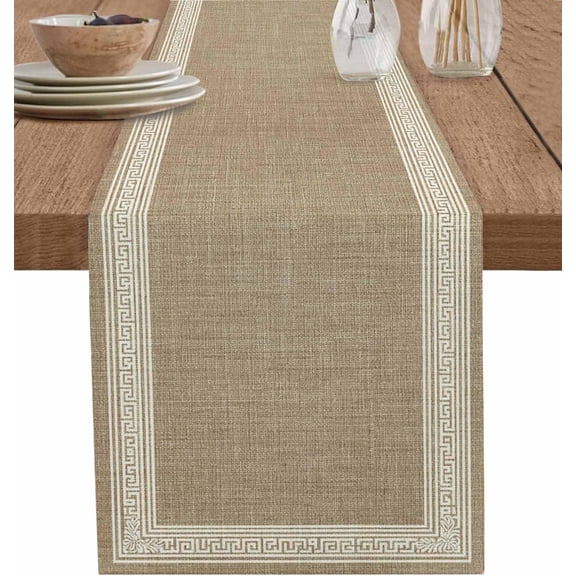Brown Retro Greek Key Short Table Runners 36 Inches, Cotton Linen Fabric Table Runner Geometric Greece Ancient Meander Fret Tablerunner for Party/Kitchen/Dinner Decor 13x36