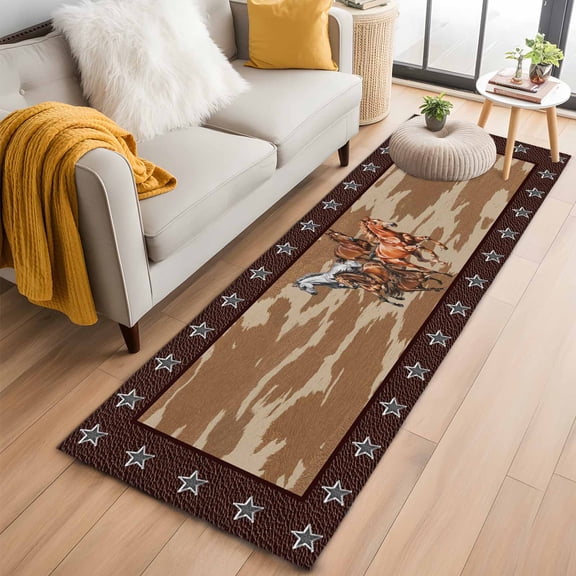Brown Retro Horse 2'x6' Runner Rugs for Hallway Kitchen Bedside Non Slip Washable, Vintage Western Stars Country Entryway Rug Runners with Rubber Backing, Long Carpet Runner for Laundry Room