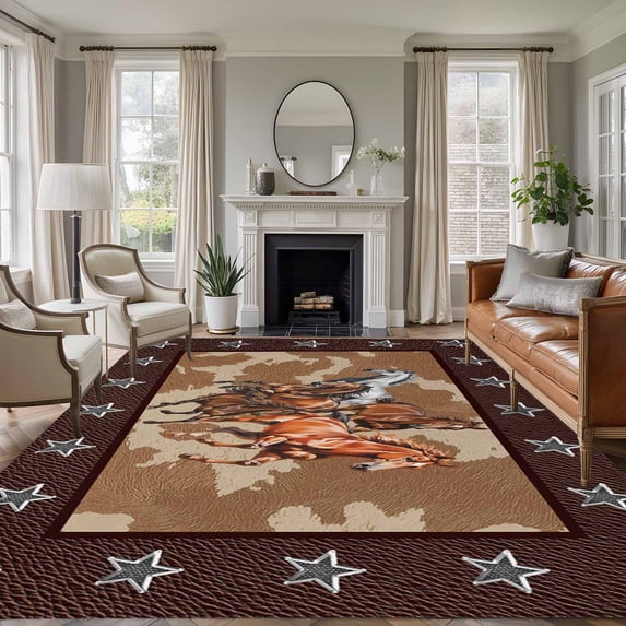 Brown Retro Horse Area Rug 8x10 Washable Rug Non Slip Vintage Western Stars Country Large Area Rug Soft Stainresistant Indoor Floor Carpet for Living Room Bedroom Home Office Dining Room Nursery