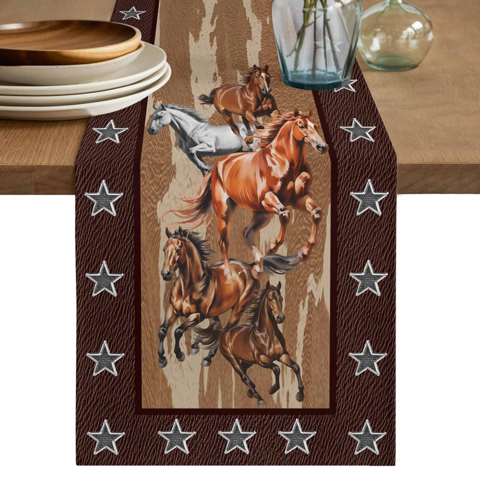 Western Rustic Table Runner Brown Retro Horse Cotton Linen Table Runner for Dining Kitchen, Vintage ...