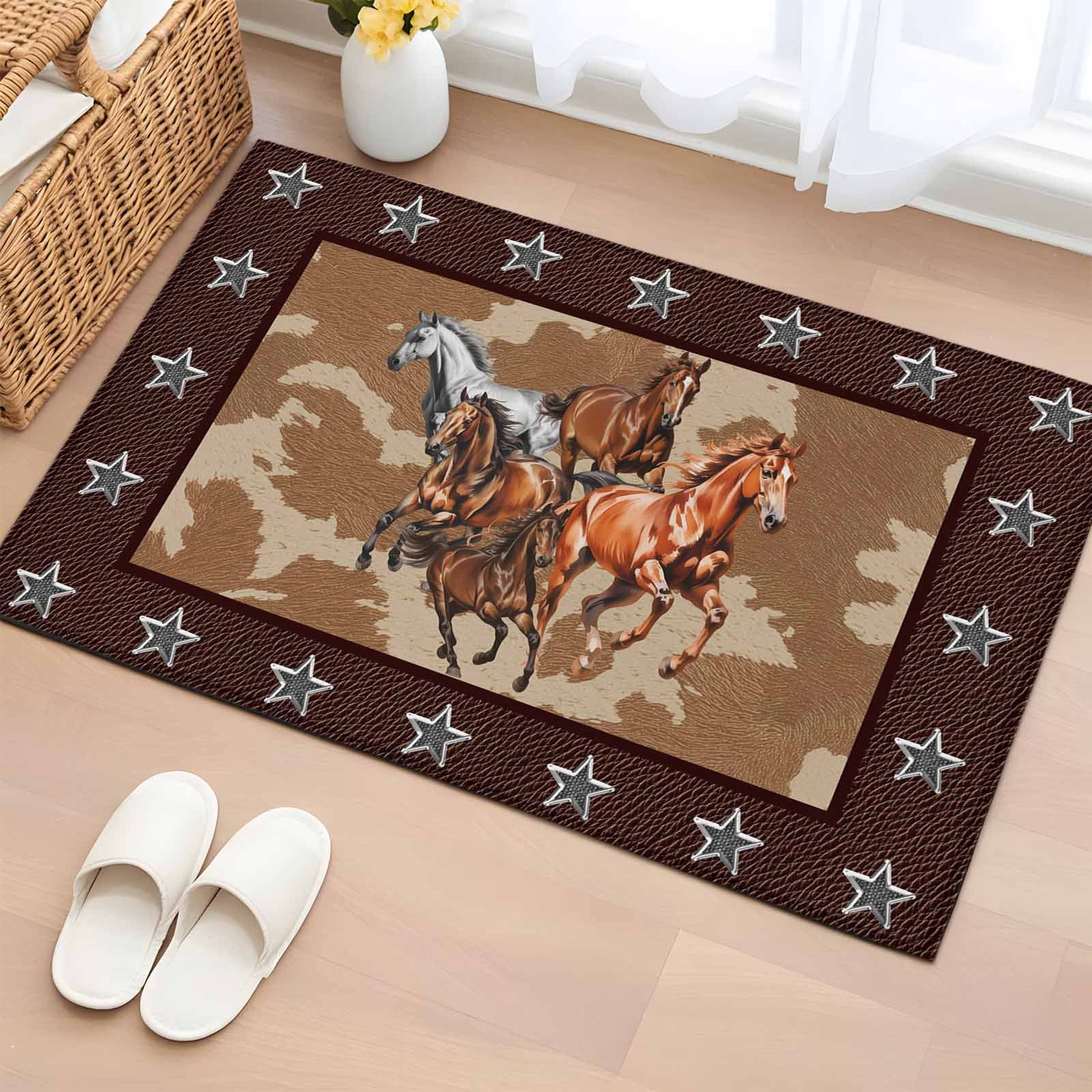 Brown Retro Horse Entryway Rug 2'x3'&nbsp; Non Slip Front Door Mats, Vintage Western Stars Country Entrance Rugs Indoor Outdoor Carpet, Washable Floor Mats Small Area Rug for Bedroom Kitchen