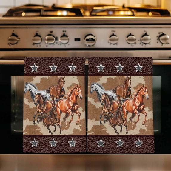 Brown Retro Horse Kitchen Towels Set of 4, Vintage Western Stars Country Absorbent Dish Towels for Kitchen, Microfiber Hand Towel, Quick Drying Tea Towel for Cleaning Decorative Dishcloths