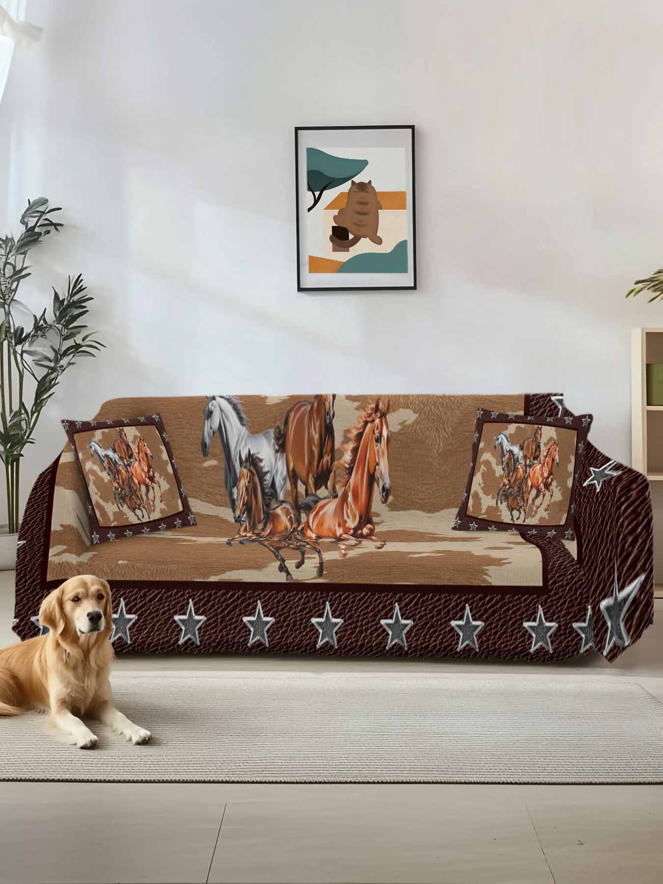Brown Retro Horse Sofa Covers for 2-3 Cushion Couch L-Shaped Sectional