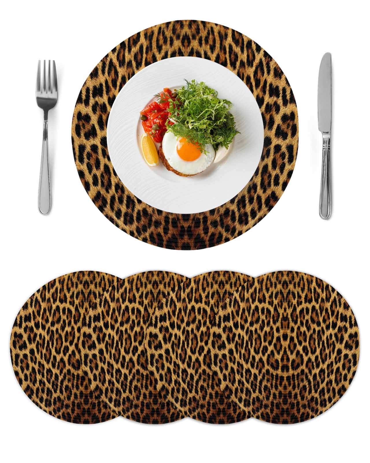 Brown Retro Leopard Print Round Table Placemats set of 4, Abstract Animal Texture Washable Woven Place Mats for Dining Tables Kitchen Party Decor,Heat Proof, 15in,