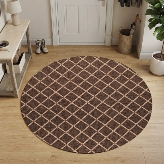 Brown Rhombus Round Area Rug 4Ft Washable Circle Rugs for Bedroom Dining Room, Modern Geometric Farmhouse Plaid Non-Slip Carpet Floor Mats Indoor Outdoor Carpet Runner Aesthetic Home Decor