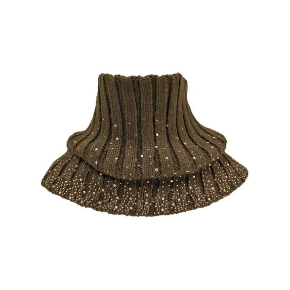 Brown Ribbed Knit Neck Warmer With Rhinestones