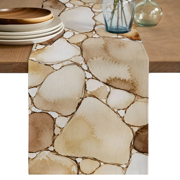 Brown Rocks Table Runner, Country Farmhouse Abstract Watercolor Riverbeds Stones Cotton Linen Table Cloth, Tablerunner for Kitchen Dining Party Wedding Home Decor 13x36 Inch