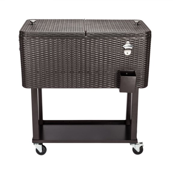 Brown Rolling Ice Chest Cart with Wheels, Portable Outdoor Cooler Bar on