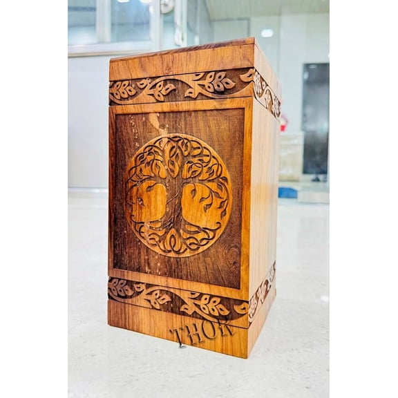 Brown Rosewood Urn for Human Ashes - Adult Tree of Life Wooden Urns Hand-Crafted Celtic Funeral Cremation Urn for Dogs Engraved