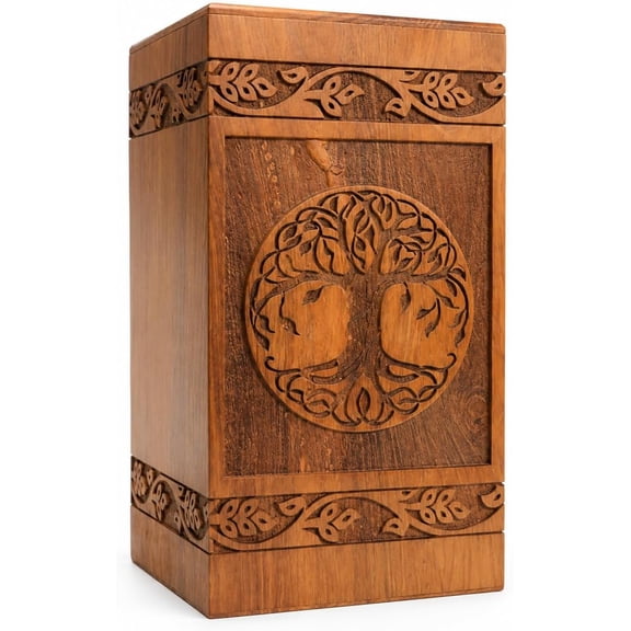 Brown Rosewood Urn for Human Ashes - Adult Tree of Life Wooden Urns Hand-Crafted Celtic Funeral Cremation Urn for Dogs Engraved