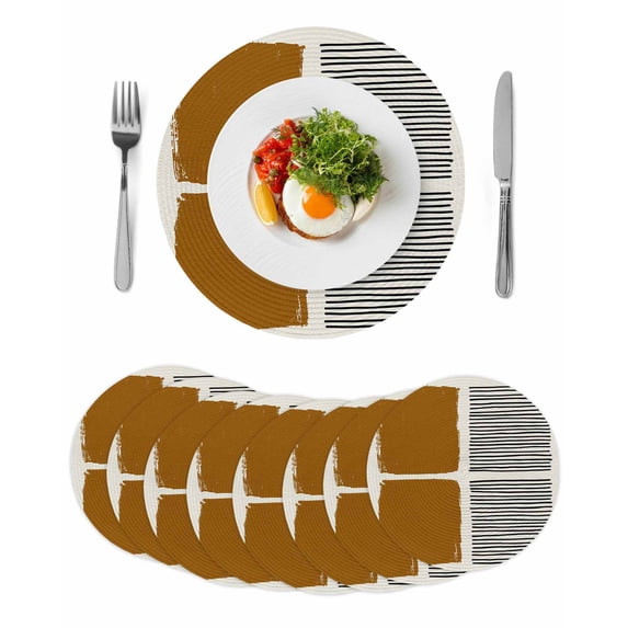 Brown Round 13 Inch Placemats Set of 8, Modern Painting Farmhouse Striped Abstract Art HeatResistant Non Slip Place Mats for Dining Table, Wipeable Braided Kitchen Table Mats for Housewarming