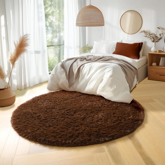 Brown Round Area Rug 4 Ft, Plush Shaggy Microfiber Circle Rug with Memory Foam Layer and Rubber Backing, Soft Indoor Floor Mat for Living Room, Bedroom and Reading Nook, 1 Piece