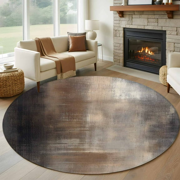 Brown Round Area Rug 5 FT, Non Slip Bedroom Area Rug, Modern Ombre Abstract Art Oil Painting Washable Soft Circular Carpet Non-Shedding Floor Mat for Kitchen Dining Room Foyer Balcony Dorm