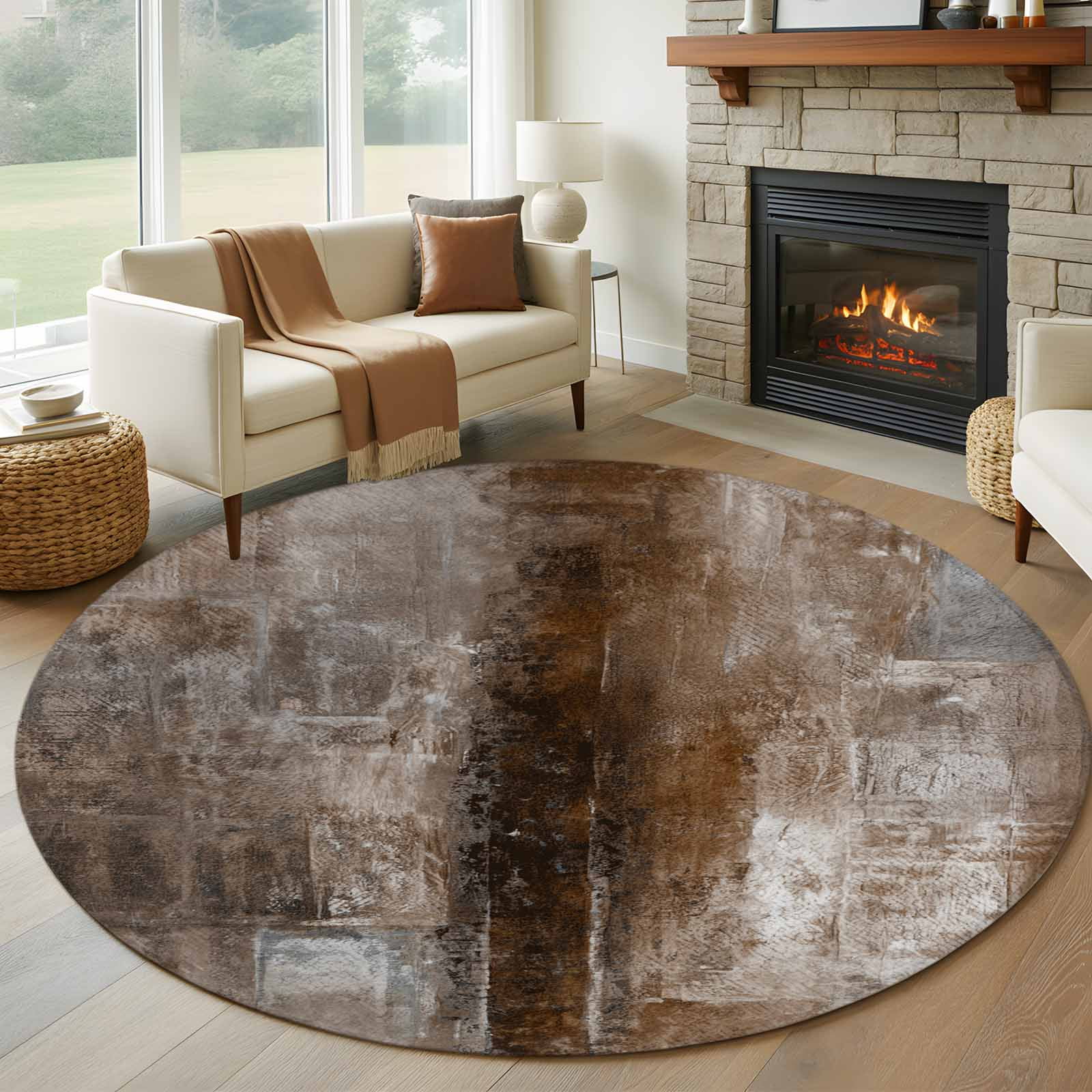 Brown Round Area Rug 6 FT, Non Slip Bedroom Area Rug, Retro Oil Painting Modern Abstract Art Aesthetics Washable Soft Circular Carpet Floor Mat for Kitchen Dining Room Home Office Kids Room