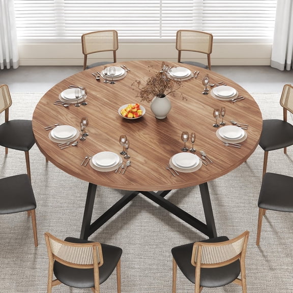 Brown Round Dining Table for 8, 59 Inch Wood Top with Metal X-Base