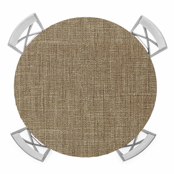 Brown Round Fitted Tablecloth with Elastic Edge, Waterproof Table Cloth Table Cover for 36"-44" Tables, Farmhouse Burlap Solid Beige Color Modern Linen Texture Tablecloths for Dining Picnic Outdoor