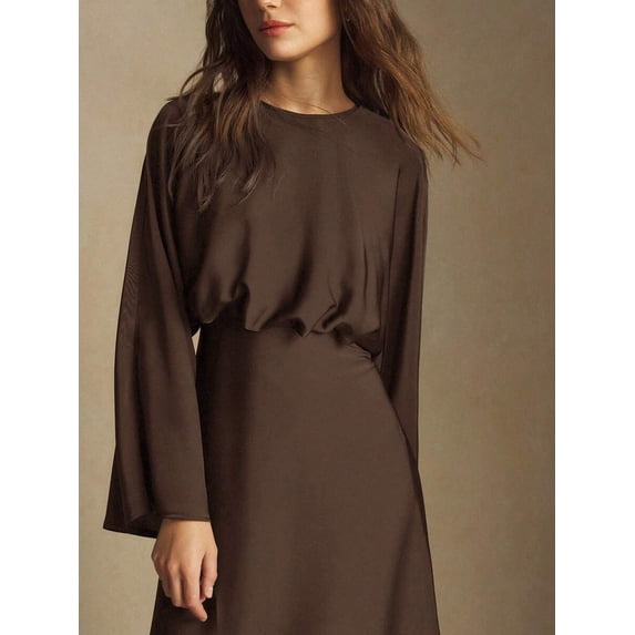Brown Round Neck Batwing Sleeve Elegant Midi Dress For Women