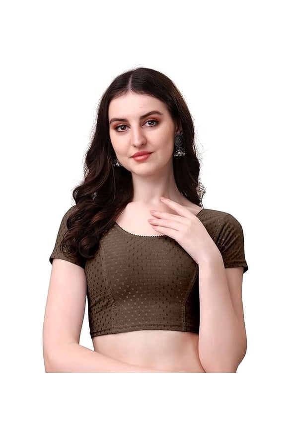Brown Round Neck Dobby Cotton Stretchable Short Sleeve Readymade Saree Blouse, Stylish Comfortable Ethnic Wear