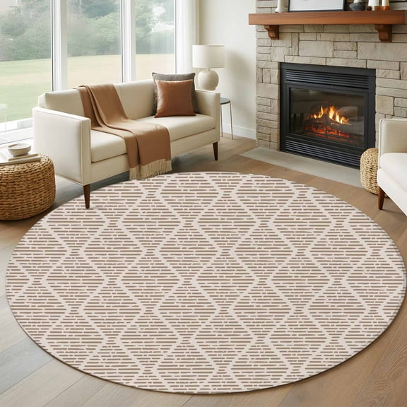 Brown Round Rug 5ft Washable Circle Kitchen Rugs Non Slip Modern Abstract Art Farmhouse Large Area Rug Indoor Floor Carpet for Bedroom Living Room Home Office Dining Room Nursery