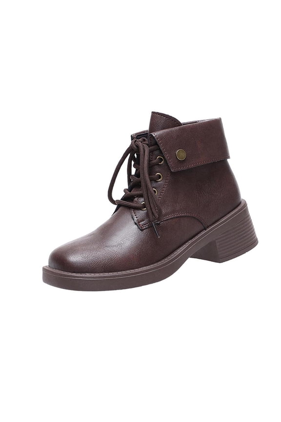 Brown Round Toe Lace-Up Winter Martin Boots For Women Chunky Low Heel British Style Comfortable Ankle Boots For Casual Winter Style