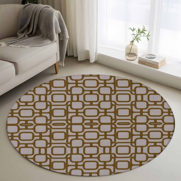Brown Rounded Squares 3FT Round Area Rug Vintage Minimalist Abstract Art Symmetric Plaid Soft Small Round Rugs Non-Slip, Ultra-Thin Washable Rug Low Pile Circle Carpet for Bedroom Kitchen Nursery