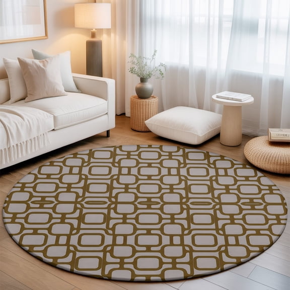 Brown Rounded Squares Round Rug 5Ft Vintage Minimalist Abstract Art Symmetric Plaid Circle Area Rugs Washable Non Slip Indoor Floor Mats Carpet for Living Room Bedroom Dining Room Home Decor