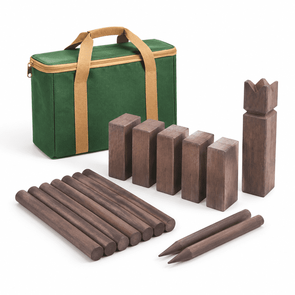 Brown Rubber Wood Kubb Yard Game Set with Carrying Case for Family Outdoor Lawn Play