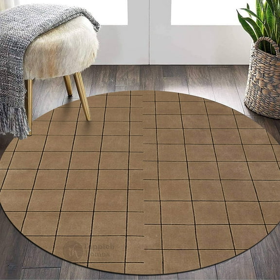 Brown Rug 5X5, Geometric Wool, Hand Tufted Rugs, Bed, Living room, Round Carpet