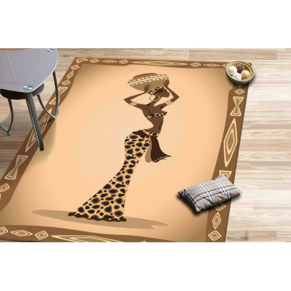 Brown Rug, Front Door Rug, Step Rug, Housewarming Gift, Woman With Basket On Head Rugs, Black Girl Rug, Abstract Rug, Bathroom Rug, 1.7'x2.3' - 50x70 cm