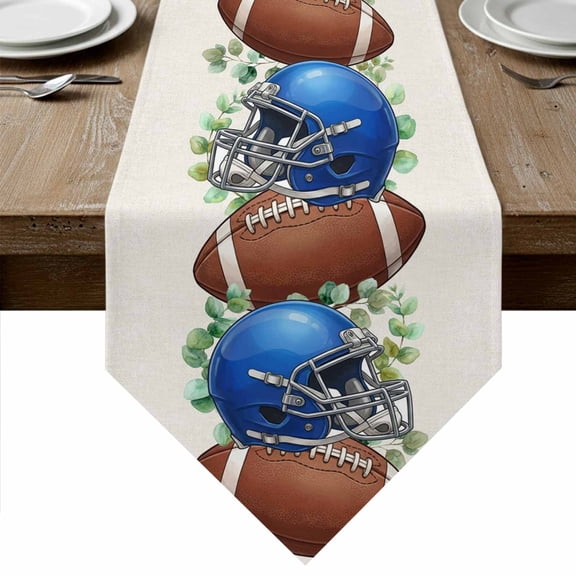 Brown Rugby Table Runner Linen Burlap Table Runner 72 Inches Long Fall Blue Football Helmet Eucalyptus Leaves Dresser Scarves for Kitchen Island Coffee Dining Room Party Wedding Holiday Decor 18"x72"