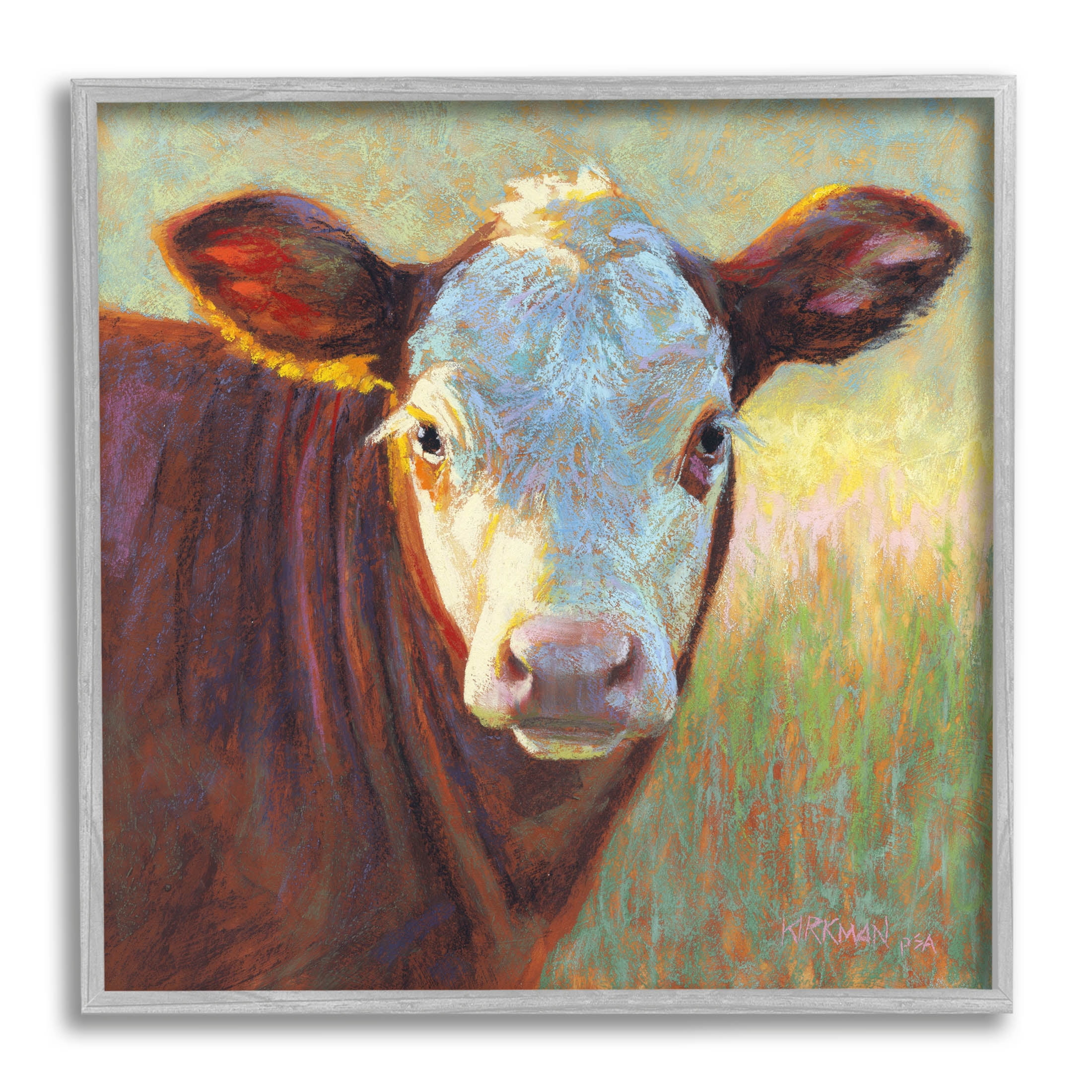 Brown Rural Wildlife Cattle Animals & Insects Painting Gray Framed Art Print Wall Art
