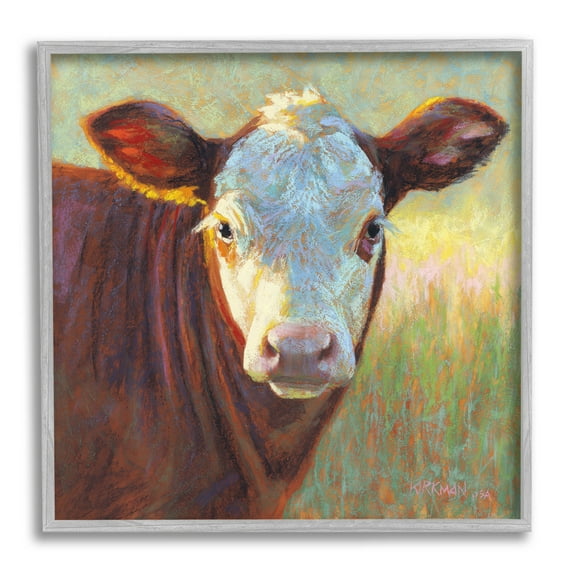 Brown Rural Wildlife Cattle Animals & Insects Painting Gray Framed Art Print Wall Art