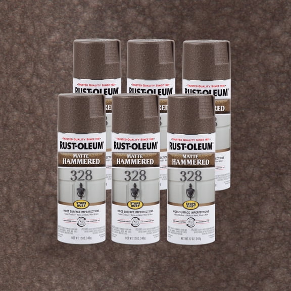 6 Pack, Brown, Rust-Oleum Stops Rust Matte Hammered Protective Enamel Spray Paint-314418, 12 oz