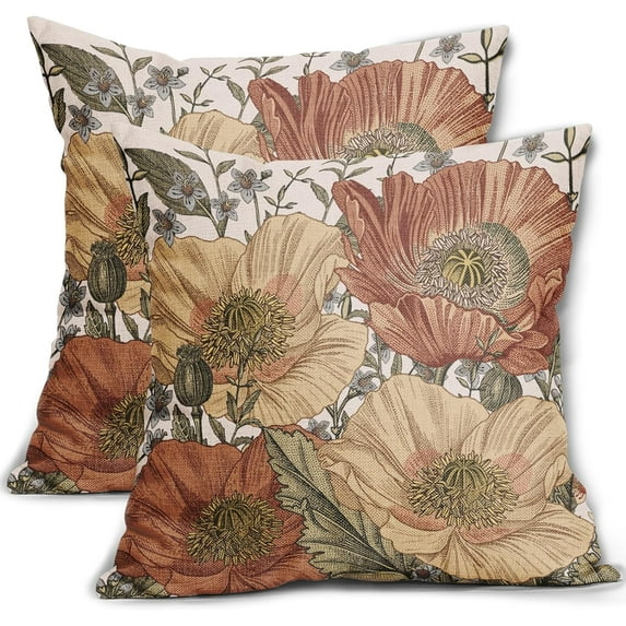 Brown Rust Red Vintage Floral Pillow Covers 18x18 Rustic Flowers Botanical Print Decorative Throw Pillows Outdoor Country Decorations Pillow Cases for Couch Sofa Bed Decor Set of 2