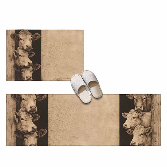 Brown Rustic Cow 2 Pieces Non-Slip Kitchen Mat Set, Farmhouse Animal Traditional Wood Panel Soft Door Mat with Rubber Backing, Dirtproof Rugs for Entrance Doorway, 23.6x35.4in+23.6x70.9in