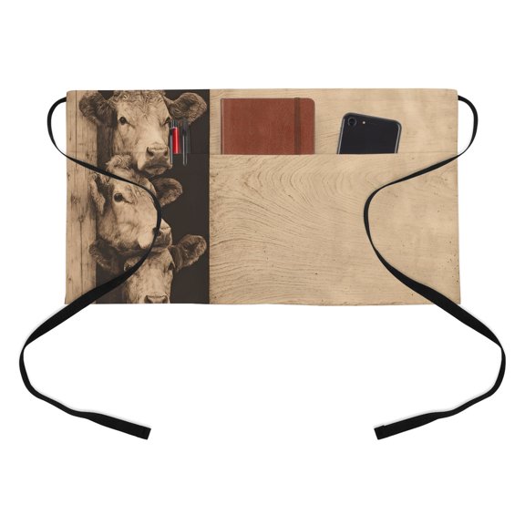 Brown Rustic Cow Kitchen Restaurant Half Waist Apron, Farmhouse Animal Traditional Wood Panel Server Short Apron with 3 Pockets Waterproof Oil Waist Aprons for Women Waitress Waiter