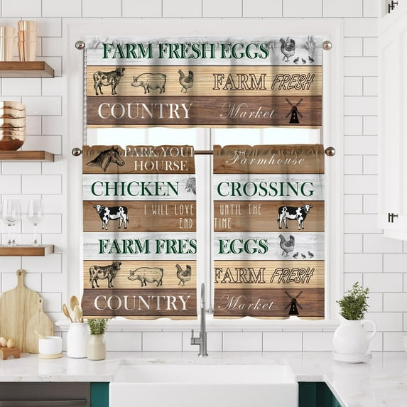 Brown Rustic Farmhouse Kitchen Curtains Short and Valance Set Wooden Board Country Farm Cow Dining Room Fabric Curtain Drapes Retro Cafe Curtains with Valance for Home Decor