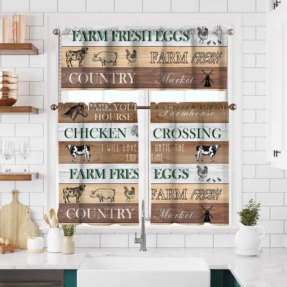 Brown Rustic Farmhouse Kitchen Curtains Short and Valance Set Wooden Board Country Farm Cow Dining Room Fabric Curtain Drapes Retro Cafe Curtains with Valance for Home Decor