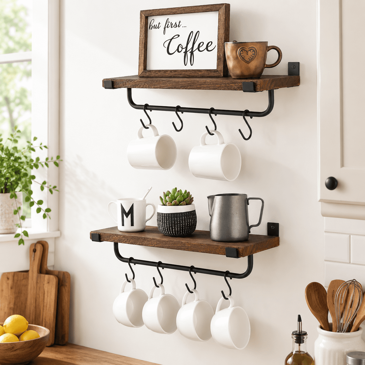 Rustic Mug Rack Brown Rustic Wall Mounted Mug Rack 2 Pack, Paulownia Wood Storage Shelf ...