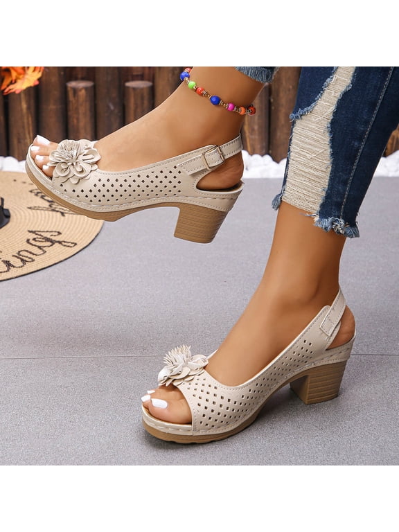 Brown Sandals Women Buckled Square Heel Sandals for Women,Dressy Peep Toe Slingback Low Heeled Wedge Shoes Dress Sandals