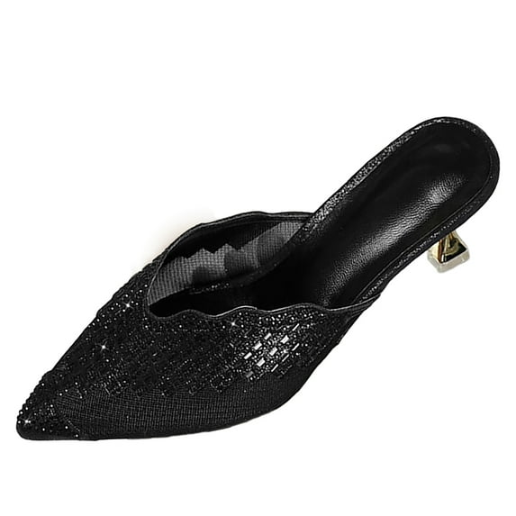Brown Sandals Women Summer Sequin Square Heel Fashion Versatile Hollowed Out Women's Sandals Black 38