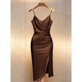 thumbnail image 1 of Brown Satin Bodycon Dress With Pearl-Embellished Spaghetti Straps, Crossover Neckline, Ruched Waist And Side Slit, 1 of 5