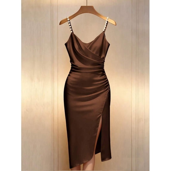 Brown Satin Bodycon Dress With Pearl-Embellished Spaghetti Straps, Crossover Neckline, Ruched Waist And Side Slit