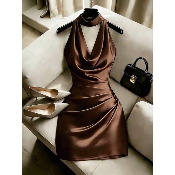 Brown Satin Halter-Neck Bodycon Mini Dress With Ruched Waist And Cowl Neckline