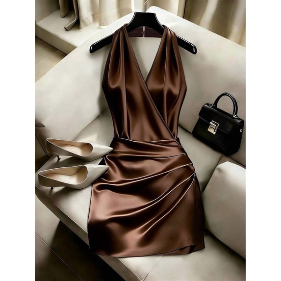 Brown Satin Halter Neck Wrap Dress With Pleated Waist; Elegant Party Dress For Women