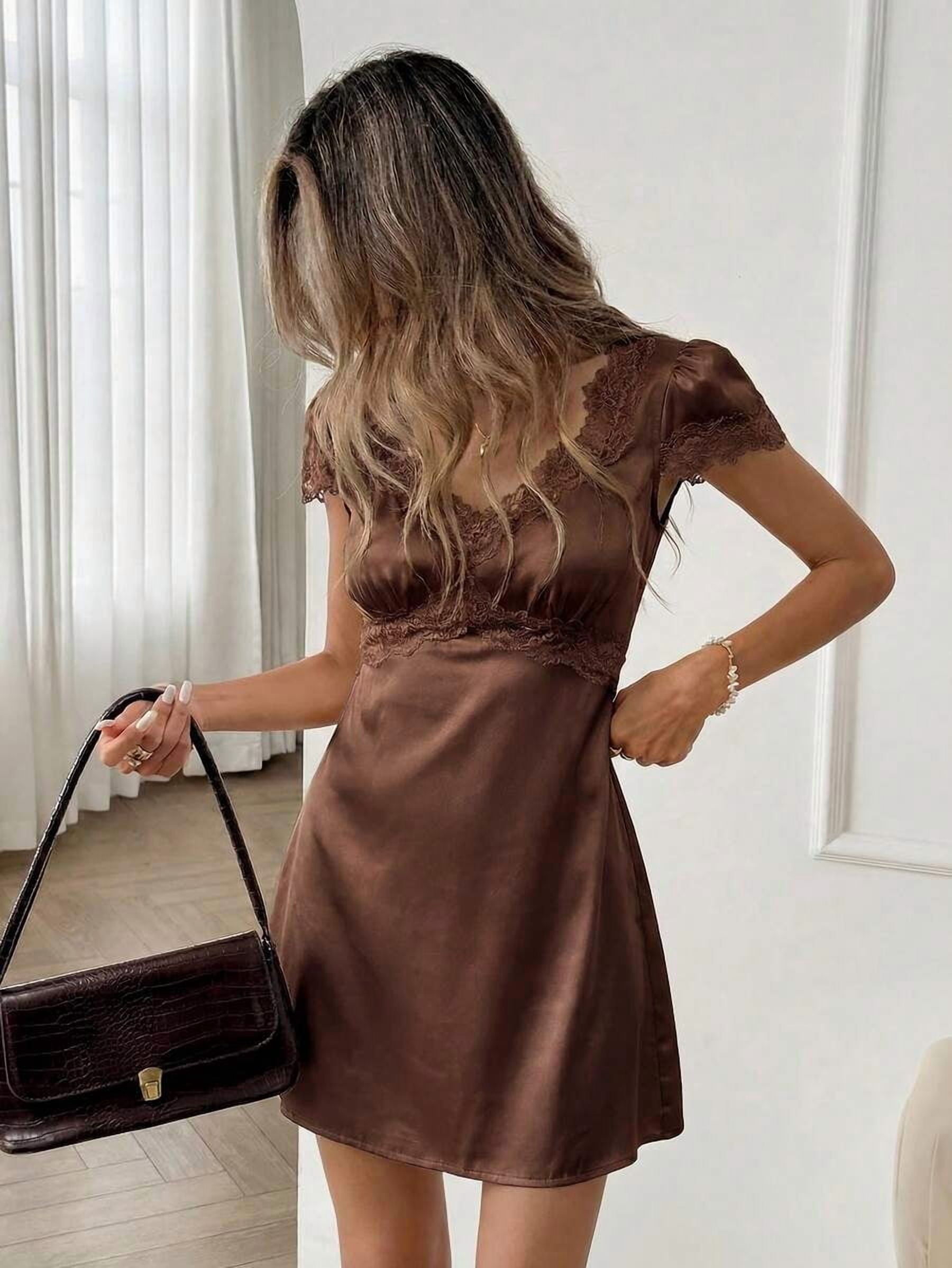 Brown Satin Lace-Trimmed V-Neck Petal Sleeve A-Line Mini Dress With ...