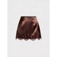 thumbnail image 1 of Brown Satin Mini Skirt With Intricate Lace Trim, Elegant A-Line Design For Women, 1 of 7
