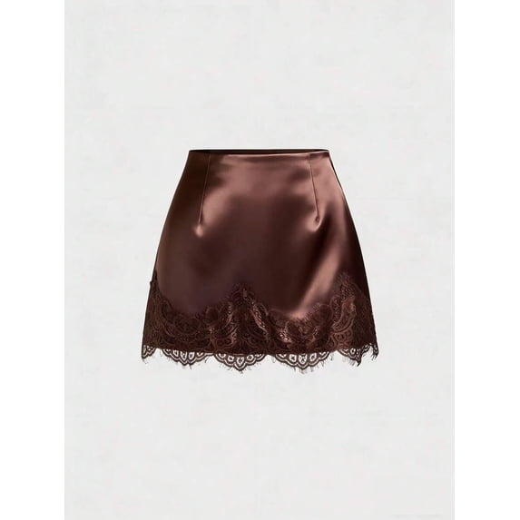 Brown Satin Mini Skirt With Intricate Lace Trim, Elegant A-Line Design For Women