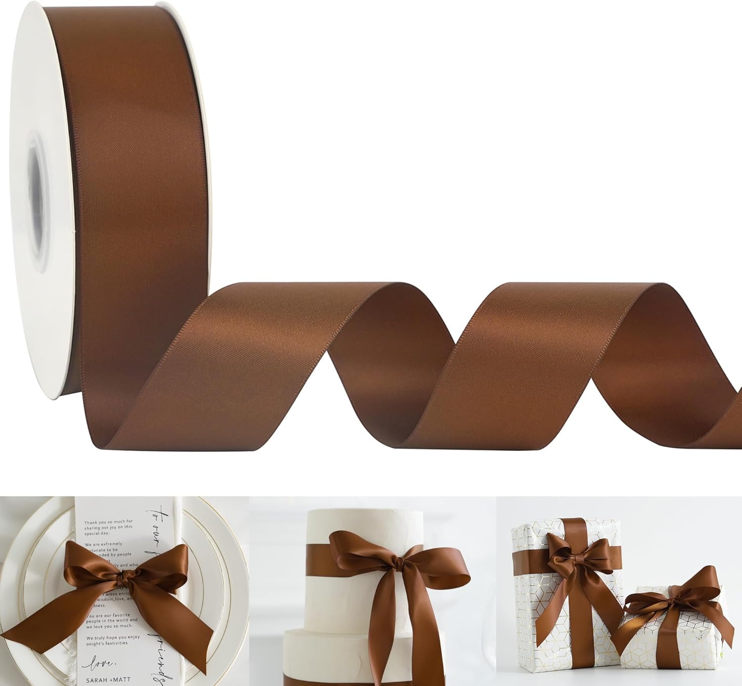 Brown Satin Ribbon 1-1/2 inch x 50 Yards Dark Brown Double-Faced Satin Ribbon for Gift Wrapping, DIY Crafts, Holiday Decor, Christmas Wedding Party Decor, Bows, Flower Bouquet