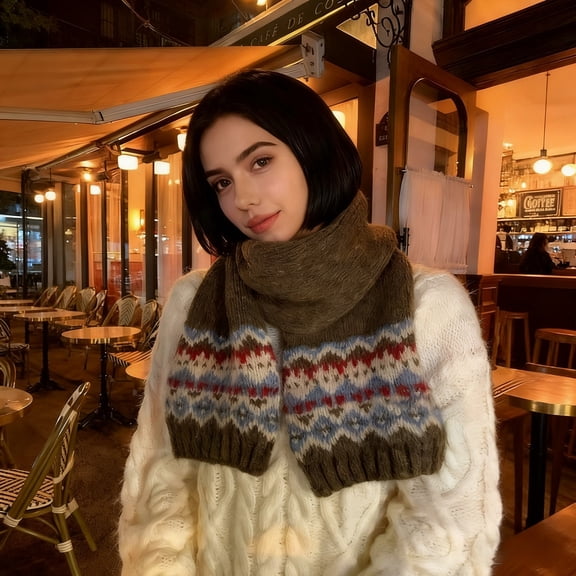 Brown Scarfs Scarf Ladies' Isle Wool Knitted Scarf Artistic High End Warm and Cold Neck Wrap